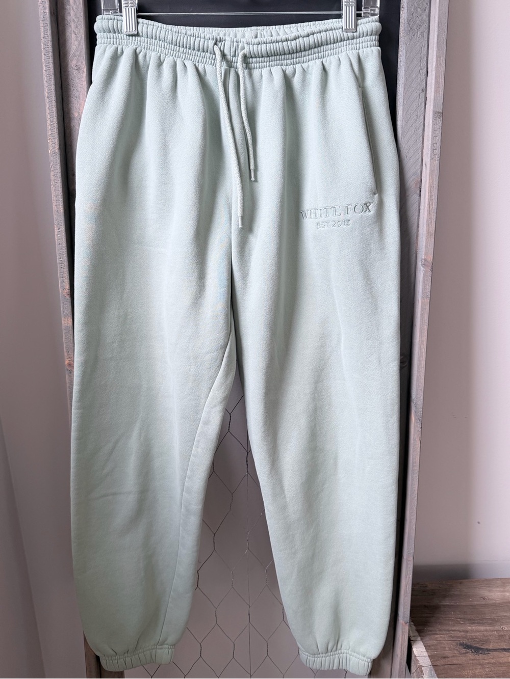 White Fox Sage Green Joggers Sweatpants Medium Embroidered Logo
